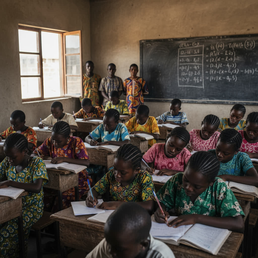 gemini 2.5 flash image preview west african school kids with varying shades of dark brown skin and vibrant clothing are seated at w 0